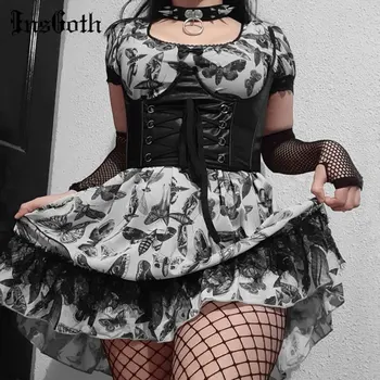 InsGoth Temno Goth Metulj Black Dress Vintage Čipke Trim Črto Mini Obleka Harajuku Kratek Rokav Visoko Pasu Stranka Klub Obleke