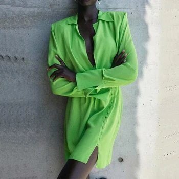 Za 2021 Jesenska Moda za Ženske, Zelena Majica Obleko z Dolgimi Rokavi Ramen Blazine Urad Dama Mini Obleka DWDD60607