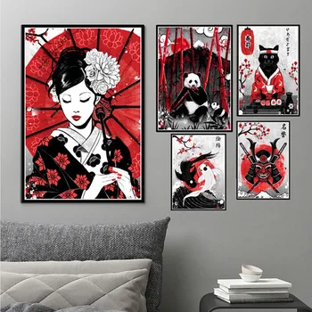 Japonski Slog Gejša Wall Art Platno Slikarstvo Panda Sliko Nordijska Plakat Stenske Slike Za Dnevno Sobo Art Tiskanje Brez Okvirja
