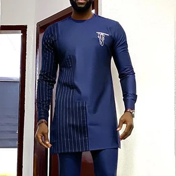 Modra moška Majica z Dolgimi Rokavi 2021 Vrhovi Moški Srednje Dolžine okoli Vratu Pomlad Tradicionalnih Plus Velikost Slim Dashiki Bluzo Človek