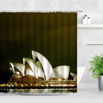 Avstralija Sydney Opera House Stavbe Pokrajino, Tuš Zavese Mesto na Nočnem Pogledu 3D Tiskanje Nepremočljiva Dekor Kopalnica Zavese Set