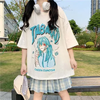 Japonska Lolita Style Risanka Graphic Tee Majice Ženske Poletje Prevelik Kratek Rokav Kawaii T-shirt Vrhovi Šolarka Svoboden