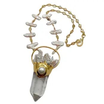 Y·YING Naravnih Jasno Quartzs Točke Bela Biwa Pearl Obesek ogrlica zlato barvo prevlečeni Verige Ogrlica 21