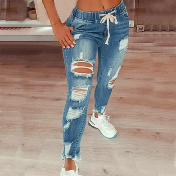Ženska Moda in ženske Hip Hop Zdrobljen Luknje Traper Kavbojke Vrvico Raztrgala Svinčnik Hlače Sredi vzpona Priložnostne Slim-fit Stretch-preluknja, Jeans