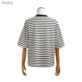 ARTKA 2021 Poletje Nove Ženske T-shirt Modni Tisk Priložnostne O-Vratu T-majice Black&White Stripes Svoboden Kratek Rokav T-shirt TA22214X