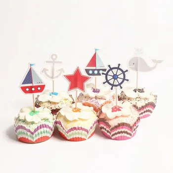 24 Kos/paket Risanka Ocean Jadranje Jahta Čoln Piratske Ladje Kit Star Cupcake Toppers Stranka Otroci Fant Rojstni dan Torta Okraski