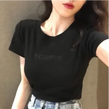 Poletje kratek rokav t-shirt Pismo vezenje ženski slim Vrhovi T Srajce Športna Oblačila Vrhovi