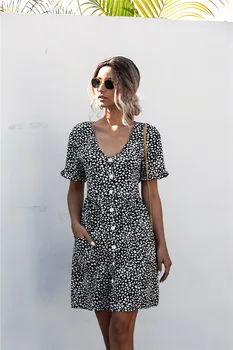 Poletje Ženske Obleke Leopard Dot Tiskanja Barvni Enoten Gumb Žepi Kratek Rokav Eleganten Modni Stranka Ženski Vestido C2464
