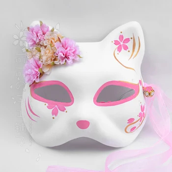 Japonski kimono, lisica mačko masko ročno poslikane anime češnjev cvet majhne sveže svile cvet bell cosplay