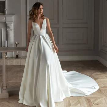 Saten Poročno Obleko, A-linijo Proti-Vrat brez Rokavov Backless Tank vestido de noiva Poročne Obleke Proti-Vrat Poročno Obleko 2021 Moda