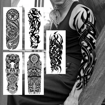 Črni Plemenski Totem Poln Rokav Začasne Tetovaže Za Moške Odrasle Realne Ponaredek Maori Želva Tattoo Nalepke Jelena Cvet Tattoo, Punk
