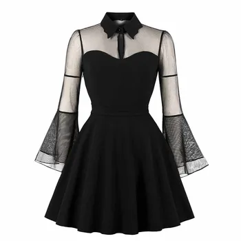 2020 Ženske Gotike Seksi Mini Obleka Black Očesa Mozaik Vidi Skozi Flare Rokav Draped Elegantno Plus Velikost Stranka Kratke Obleke