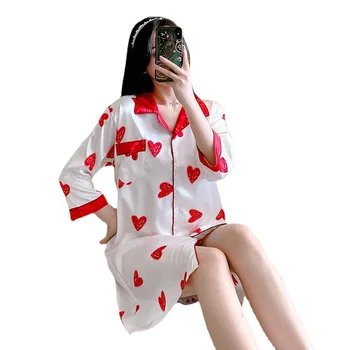 Poletje Ženske Nightdress Ledu Svileno Pižamo Kratka sleeved Jopico Obleko Modne Svoboden Seksi Priložnostne Domov Nositi Plus Velikost Pižame