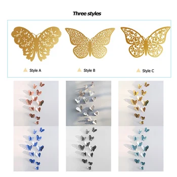 12 kos/set votlega 3D metulj stenske nalepke poroko dnevna soba okno doma okras zlato srebro metulj nalepke