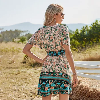 Pomlad žensk visoko pasu ogrlicom a-line mini Obleka Za ženske priložnostne bohemian tiskanja short long Sleeve vintage obleko ženske 2021