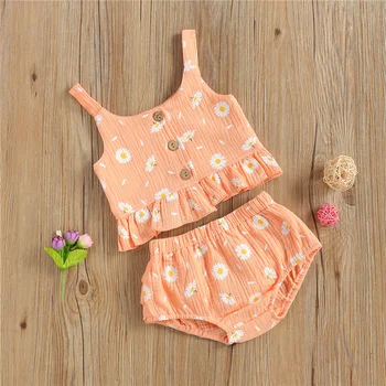 2Pcs 0-2Years Children Baby Girls Breathable Clothes Sets,Daisy Print O-Neck Button-Open Tank Tops+Elastic Waist Ruffled Shorts