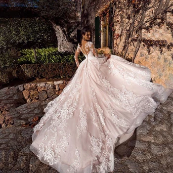 MNGRL Retro Luksuzni Proti-vrat Dolg Rokav Bele Čipke 3D Cvet Poročni Obleki Puhasto Krilo Plus Velikost Rep Poročne Obleke