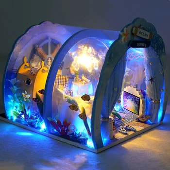 DIY Miniaturnega Pohištva Ocean Soba Kit Lutke s Svetlobo Ribe Sestavljeni 3D Model Casa Lutka Hiša za Otroke, Odrasle Darila