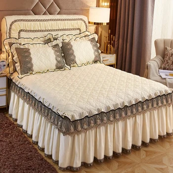 Evropski stil 3pcs čipke skirted bedspread vezenje postelja kritje prešite luksuzni barva debela odeja runo tkanine posteljo stanja