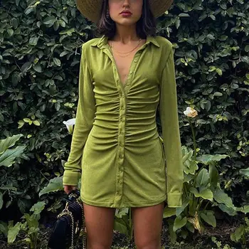 Jeseni Kup Design Flanela Naguban Bodycon Obleke za Ženske Enegant Stranka Ulica Priložnostne Dolg Rokav Mini Obleka Ženske