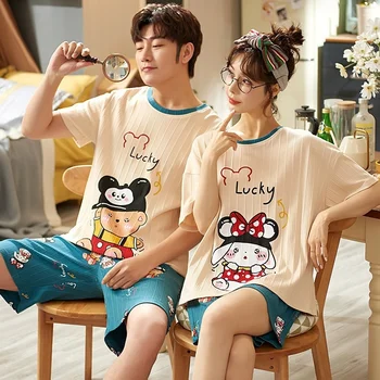 Par pižamo ženskih poletnih bombaža, kratek rokav tanke risanka srčkan korejski svoboden moški lahko nosijo domov obleko Tovarne Flash prodaje