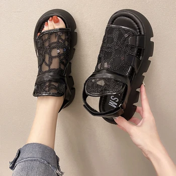 Dihanje očesa sandali ženske 2021 poletje novo platformo sandali z debelo-soled čipke, vezenine velcro priložnostne sandali