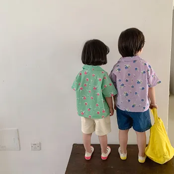 2021 Poletje Novih Otroci Majica Korejski Kratek Rokav Kariran O-Vratu Cvetlični Znižuj Ovratnik Obleke