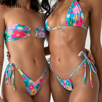 2021 Cvjetnim Tiskanja Bikini Kopalke Ženske Kopalke Cvetje Biquini Push Up Kopalke Poletje Plaža Seksi String Tangice Bikini Komplet