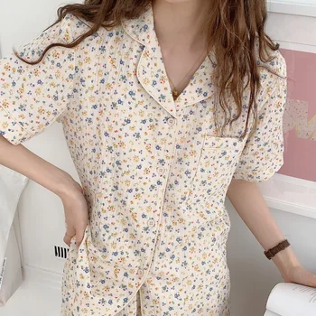 Novo cvjetnim tiskanja bombažno pižamo nastavite ženske sleepwear 2 delni set poletje homewear hlače obleko beloprsi singl srajce Y633