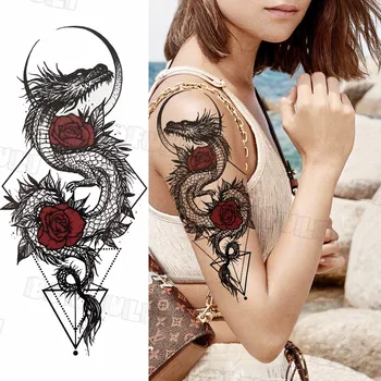 Big Black Peony Začasne Tetovaže Za Ženske Odraslih Rose Kača Metulj Ponaredek Tattoo Nalepke Realne Body Art Okras Tatoos