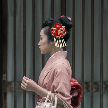 Japonski Slog, Sponke Za Lase Lase Cvet Oblikovan Barrette Headdress Kimono Dodatki Rdeče