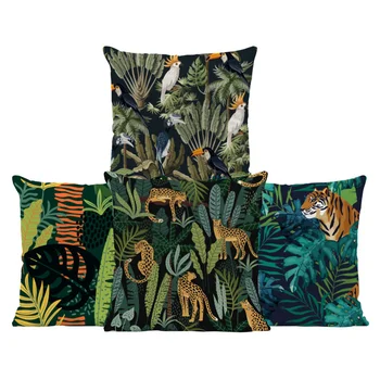 Barvita Jungle Tiger Prevleke Papiga Zapnite Slon, Zeleno Listje, Deževni Gozd Vzorec Vrgel Blazine, Dnevna Soba Dekor