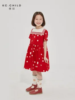 KC.Otrok dekleta obleko poletje nov slog za otroke rdeča čistega bombaža tanke oddelek mornarice ovratnik kolegij slog srčkan kratka sleeved obleko