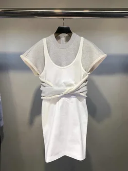 Ponaredek Dva Kosa Hujšanje Zadrgo Naguban Kratek Rokav Kontrast Barve Obleko za Ženske Ulične Kratek Mini Obleka