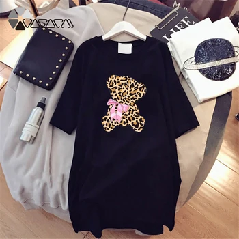 2021 T-Shirt Obleko Ženske Harajuku Medved, Leopard Tiskanja Mini Obleke Kawaii Risanka Priložnostne Kratek Rokav Poletne Ulične