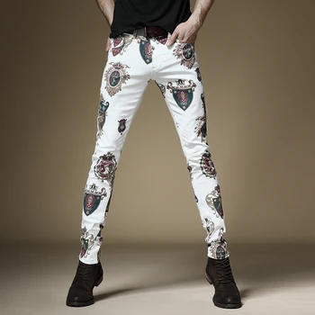 Royal Crown Natisnjeni Skinny Jeans Kavbojke Homme Moda Modno Belo Stretchy Kavbojke Stranka Klub Baročno Traper Hlače