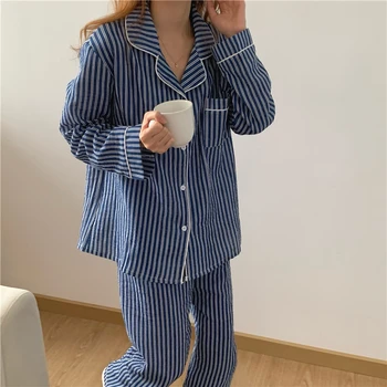 Bombaža ženske črtasto pižamo nastavite dolgo oplaščeni domov množica žensk pomlad priložnostne eno zapenjanje z zadrgo sleepwear pjs 2pcs L187