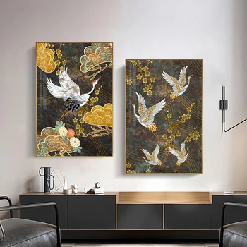 Žerjav Ugoden Oblak Cvet Ptica Zlata Retro Plakat Umetniško Platno Slikarstvo Tiskanje Dnevna Soba Dekoracijo Doma Japonski Freske