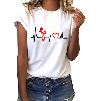 Ženske T-shirt O-vratu kratek rokav ženska Majica s kratkimi rokavi 90 Dekleta Priložnostne Poletje Hipster Tshirt Elektrokardiograma natisnjen Tshirt lady