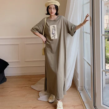 Poletje Obleko Korejski Moda Split Bombaž Krog Vratu Kratek Rokav Svoboden Priložnostne Vestidos Dolga Obleka Ženske Elegantna Oblačila 2021