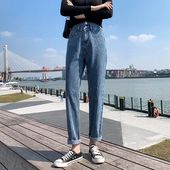 GUUZYUVIZ Priložnostne Blue Jeans Ženska, Plus Velikost Naravnost Kavbojke, Visoko Pasu Traper Hlače Harem Svoboden Pantalones Kavbojke Mujer korejski
