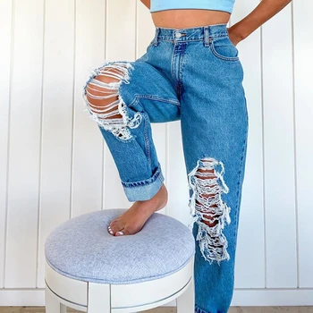 2021 Moda Vroče Prodaje Ženske Jeans Raztrgala Luknje Videti Tanke, Ravne Ulice Izgubijo Vse-tekmo Jeans Hlače Ženske Hlače