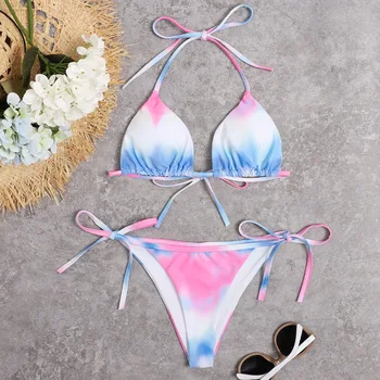 Peachtan Trikotnik bikini 2021 Povodcem kopalke ženske Tie dye kopalke ženske Brazilain kopalke Seksi, plavanje obleko plaža obrabe