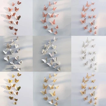 12 kos/set votlega 3D metulj stenske nalepke poroko dnevna soba okno doma okras zlato srebro metulj nalepke