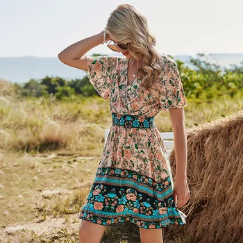 Pomlad žensk visoko pasu ogrlicom a-line mini Obleka Za ženske priložnostne bohemian tiskanja short long Sleeve vintage obleko ženske 2021