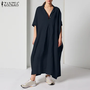 ZANZEA Moda za Ženske obleke 2021 Poletje Letnik Maxi Vestidos Priložnostne Trdna Kratek Rokav Dolgo Sundress Ženske Svoboden Robe