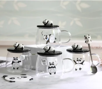 2020 Ustvarjalno, Srčkan 3D Panda Skodelice Visoke Temperature Odporen s Pokrovom in Spoonglass Pokal Prenosni Študent Zajtrk Mleko Pokal