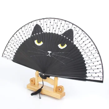 Poletje Mačka Svile Bambusa, Ročno Poslikane Risanke Mačka Zložljiva Fan Stranka Korist (Black)