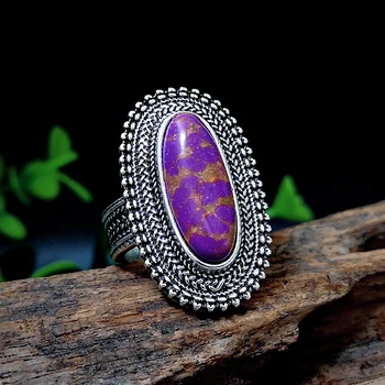Retro Velike Ovalne Vijolično Zmaj Crystal Ring 925 Tajski Srebro Ametist Čipke Pretirana Prst Obroči za Ženske, Dekleta Stranka Nakit