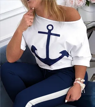 2020 Žensk Kratka Sleeved Majico in Hlače Ženske Mornarsko Modri Športni Obleko Sidro Tiskanje Dva-Delni Set Plus Velikost 5XL